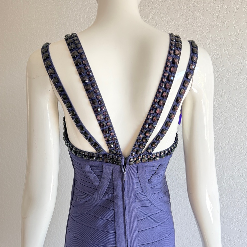 Herve Leger Navy V-Neck embellished Strap Midi Dress - Picture 4 of 8
